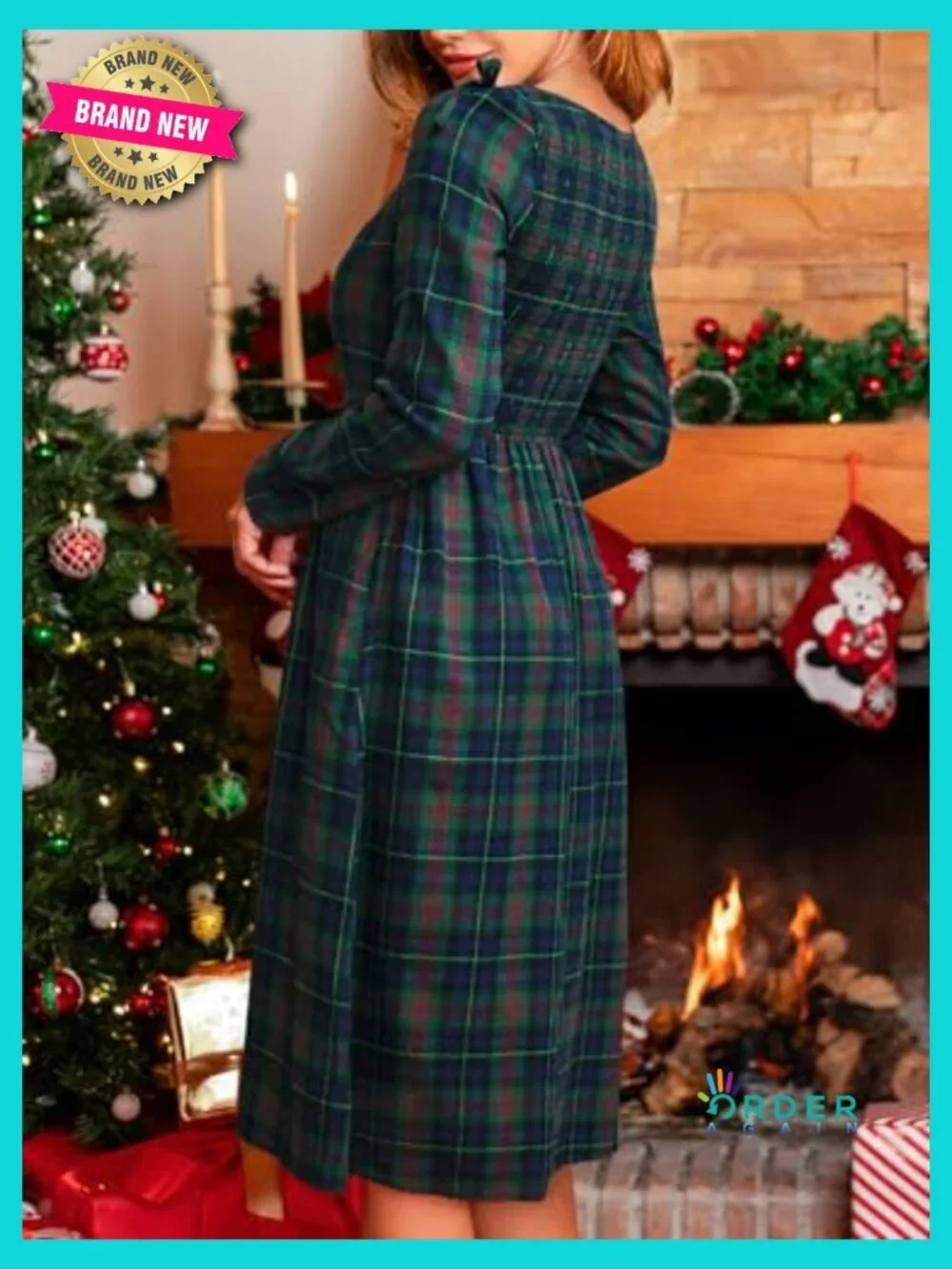 Square Neck Midi Dress Long Sleeve Smocked Waist Bow Knots Plaid Pattern Fall